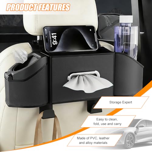 HZEL Car Seat Back Organizer, 7 in 1 Vehicle Backseat Storage Box with Cup Holder Tissue Box Trash Bin & Hooks, Multifunctional Auto Interior Headrest Organizer, Universal for SUV RV Truck (Black) - color: Black