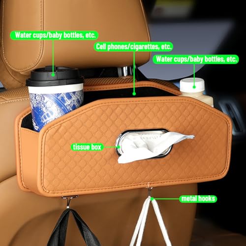 Car Seat Back Organizer, 4-in-1 Backseat Headrest Storage Box with 2 Cup Holder Hooks Tissue Box, Multifunctional Seat Back Storage Organizer for Hold Phones Drinks Bags, Universal Fit (Brown) - color: Brown