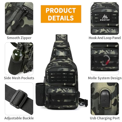 HUNTVP Tactical Sling Bag Crossbody Bag for Men Women EDC Shoulder Bags Molle Sling Backpack Chest Pack for Hiking Hunting Travelling Camping (Type3-Camo) - color: Type3-camo