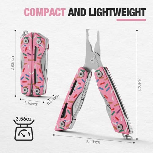 VIRENKNIFE 13-in-1Multi Tool Pliers, Stainless Steel Mini EDC Multitool with Pocket Knife,Screwdriver，Bottle Opener，Fishing Hook Sharpener，Perfect for Camping, Hiking, Fishing（Donut） - color: Pink Donut