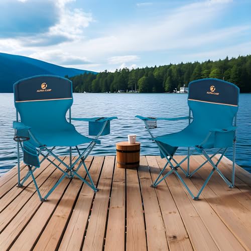ALPHA CAMP 2-Pack Camping Chair with Cooler Bag, Heavy Duty 250lbs Capacity Folding Chair with Lumbar Support & Side Pocket, Portable Quad Chairs for Beach Fishing Tailgating & Sideline Sport - color: Blue