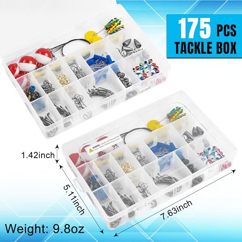 175pcs Fishing Tackle Box Kit Hooks Bobbers Sinkers Swivel Snaps Freshwater Saltwater Starter Set for Bass Trout Catfish Beginner Fishing Gift