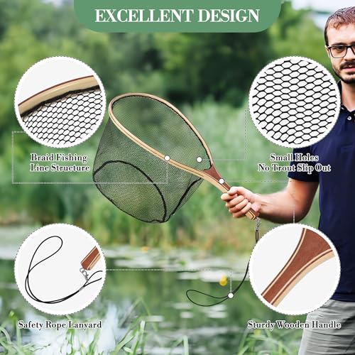 25.5in Fly Fishing Net, Trout Net with Wooden Handle, Soft Rubber Catch and Release Landing Net, Lightweight Fish Net with Safety Lanyard for Stream Creek River Fishing