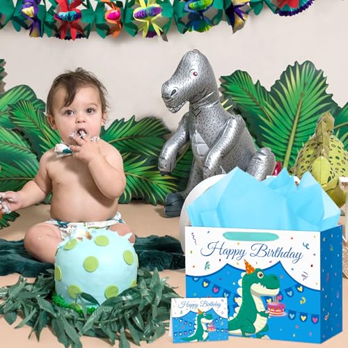 Hooqict Large Dinosaur Gift Bag with Handles, Tissue Paper and Greeting Card Blue Dinosaur Happy Birthday Party Bag for Boys Kids Goodie Treat Candy Party Favors - color: Dinosaur