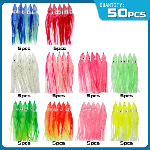 Squid Swimbait Fishing Lures - Tail Octopus Jig Head Glow Soft Plastic Lures - Trout Bass Fishing Baits Kit - color: D-glow squid lures 50pcs 3.54in
