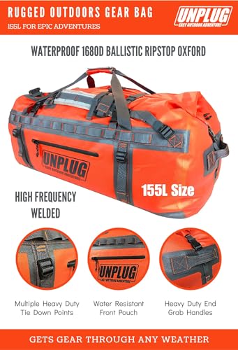 UNPLUG Ultimate Adventure | 1680D Heavy Duty Waterproof Bag | Large Travel Bag which can be Used for Camping, Motorcycling, Boating, or Hunting|155L Adventure Orange - color: Adventure Orange, size: 155L