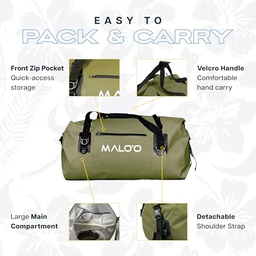 Malo’o Waterproof Dry Duffel, Heavy-Duty Roll Top Waterproof Gear Bag with Shoulder Strap & Molle Loops, Marine Duffel for Kayaking, Boating, Camping, Beach & Travel, Dark Green, 40L - color: Dark Green, size: 40L