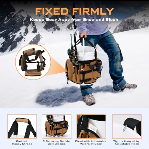 Boomistry Fishing Bucket Organizer for 5 Gallon Bucket, Khaki | 15 Multi-Pockets, 4 Built-in Rod Holder Storage, 3 Adjustable Buckles, for All Fishing Gear & Tackle Accessories - color: Khaki