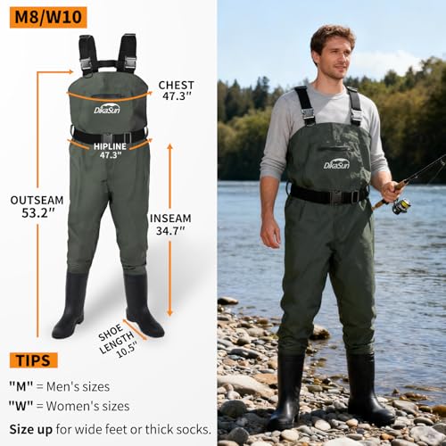 Fishing Waders for Men & Women, Waterproof 2-Ply Nylon/PVC Chest Wader with Boots for Outdoor Sizes 4-13 Bootfoot - color: Green, size: US-M8/W10