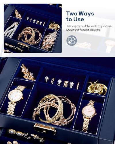 Homde Synthetic Leather Huge Jewelry Box Mirrored Watch Organizer Necklace Ring Earring Storage Lockable Gift Case (Dark Blue + Gold) - color: Dark Blue + Gold