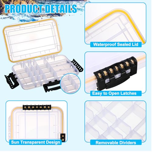 Wonderjune 6 Pack 3600 Fishing Tackle Boxes Waterproof Tackle Trays with Removable Dividers Clear Plastic Storage Organizer Bait Vault Camouflage Box for Freshwater Saltwater(White) - color: White