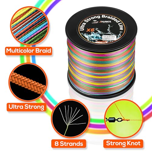 RUNCL 8 Strands Braided Fishing Line - High Visibility Colored Braid Line, Super Strong, Abrasion Resistant, No Stretch, 328yds/546yds/1093yds, 12lb to 100lb for Saltwater or Freshwater Fishing - color: Multicolor, size: 12lb - 1093yds