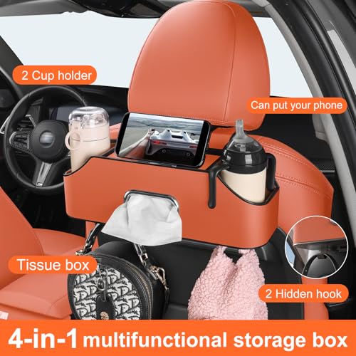 Car Rear Backseat Extra Multifunctional Drink Cup Holder Organizers with Tissue Storage Box Organizer & Hooks for Car Seat Back. Orange - color: Orange