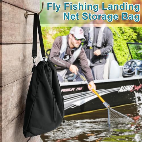 Fly Fishing Net Storage Bag - Foldable Landing Net Organizer Pouch Portable Trout Landing Nets Carrying Case with Adjustable Shoulder Strap and Drawstring Closure, Bag Only