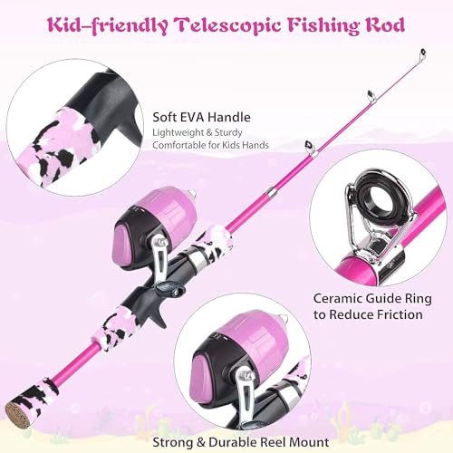Milerong Kids Fishing Rod, Kids Fishing Pole Portable Telescopic Fishing Rod and Reel Combo Kit for Boys, Girls, Youth - with Spincast Fishing Reel, Fishing Tackles, Fishing Lures, Fishing Lines - color: Pink Fishing Rod Set 1.2m