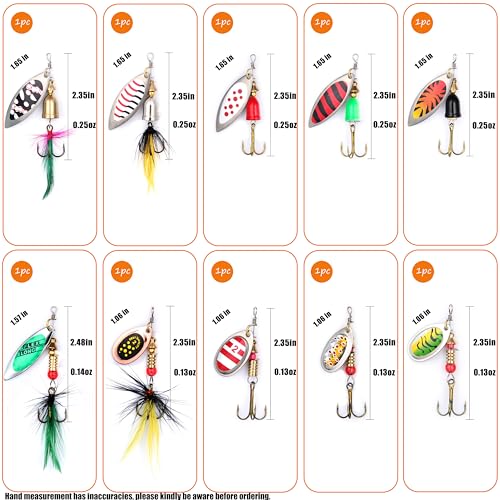 EXAURAFELIS 10/30pcs Fishing Lure Spinnerbait with Feathered Treble Hooks Rooster Tail Fishing Lures Spoon Lures for Bass Salmon Trout Spinner Baits with Tackle Box - color: 10pcs-B