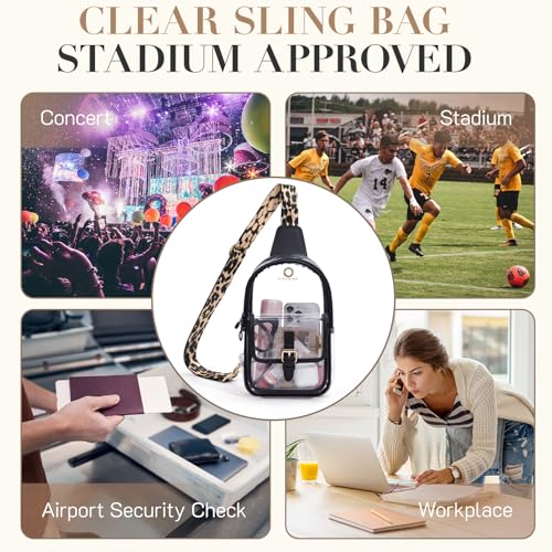 Missnine Anti-Theft Clear Sling Bag Clear Fanny Pack Stadium Approved Crossbody Bag Purse Trendy Heavy Duty Transparent Chest Bags with Guitar Strap for Concerts Sport Events - color: M-black[anti-theft]