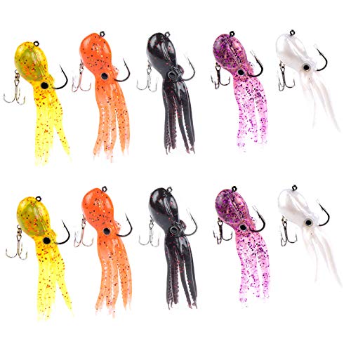 Artificial Octopus Swimbait, Skirt Tail Lure | 3.54/7.87/9.45in, jig head sinking trolling bait. Lingcod, bass, rockfish, saltwater. - color: 5 Colors-3.54inch/0.81oz-10pcs