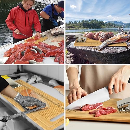 EXJIOTA Fish Cleaning Board, Fish Fillet Board with Clamp Fillet Knife and Gloves, Portable Fishing Measuring Board 18 inches, Fish Cleaning Kit Gifts for Fishing Man Woman