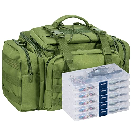 Dr.Fish Fishing Tackle Bag 5 Boxes with 60 Lures Included Loaded Stocked Tackle Box Set Spinner Lures Kit Freshwater Gear Equipment - color: Large Green Bag, 16.5*9.4*9.4''