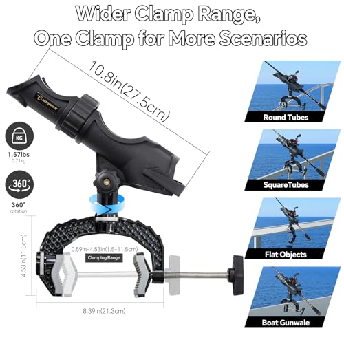 Hitorhike Fishing Rod Holder with Aluminum Alloy Base and One-Click Lock System Fits Round Square Tubes 0.59"~4.53" Enlarged Clamp Range for Boat Kayak Fishing - style: Powerlock Fishing Rod Holder-1 Pack