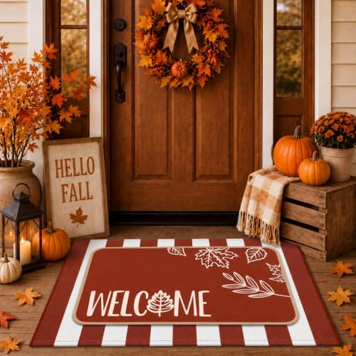 Tinideya 2 Pcs Door Mat Outdoor Welcome Front Doormat Rubber Linen Rug Nonslip Washable Decor for Front Porch(Fall Leaves Welcome Stripes,16 x 28 Inch,24 x 35 Inch) - size: 16 x 28 Inch,24 x 35 Inch, style: Fall Leaves Welcome Stripes