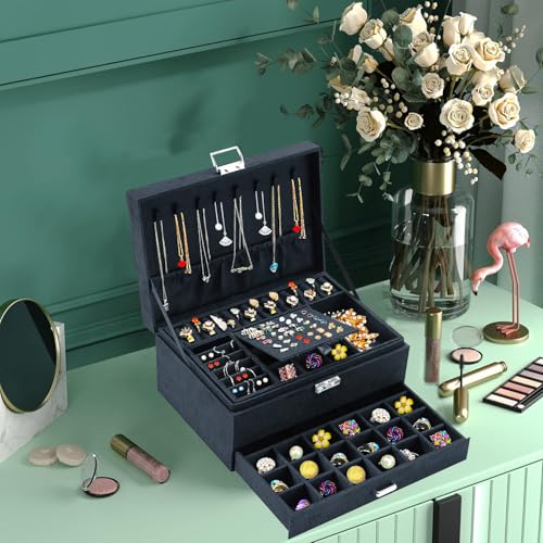QBestry Jewelry Box for Women with Drawer, 3-Layer Large Jewelry Organizer with Lock & Key, 8 Necklace Hooks & 56 Earring Holes, Black Velvet Jewelry Storage Box for Necklaces Earrings Rings Bracelets - color: Black