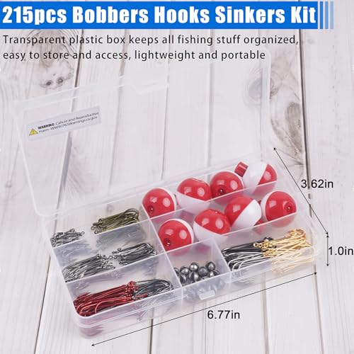 215pcs Fishing Bobbers Hooks and Sinkers, Beginners Fishing Tackle Kit | Basic Handy Fishing Tackle Box Kit for Artificial and Live Baits, Trout Panfish