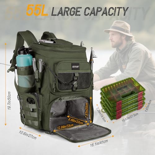 Goture Fishing Backpack with 4 Tackle Boxes, 900D Water-Resistant Tackle Backpack with Rod Holders,Insulated Cooler Compartment, 55L Large Capacity Fishing Gear Storage Bag for Saltwater & Freshwater - color: A3:green(4 Tackle Boxes Included)