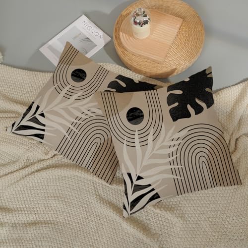 Black Boho Pillow Covers 18x18 Inch 2 Pcs Beige Brown Tropical Leaf Mid Century Summer Outdoor Decor Throw Pillows Modern Geometry Farmhouse Decoration Pillowcase Linen Cushion Cover for Couch - color: Black Brown Beige Boho, size: 18" x 18" (Pack of 2)