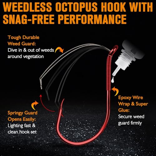 Dovesun 30/20PCS Weedless Hooks Weedless Circle & Octopus Hooks for Catfish Bass Fishing Weedless Fishing Hooks for Saltwater Freshwater Catfish Hooks Size 1# 2/0 4/0 6/0 8/0 - color: Red-Octopus Hook, size: 1#-30PCS