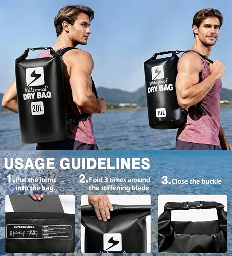 Soulsfeng Waterproof Dry Bag Backpack, Roll Top Floating Dry Storage Bag with Phone Case, Lightweight Dry Sack for Kayaking, Boating, Beach, Travel, Camping 20L, Black - color: Black, size: 20L