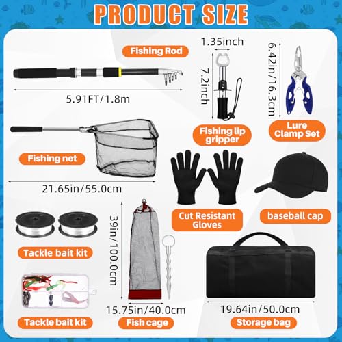 Telescopic Fishing Rod and Reel Combo 2 Pcs Collapsible Fishing Pole Kit with Plier Lip Gripper Lures Carrier Bag Pre-Loaded Spinning Reel for Beginner Men Travel Saltwater Freshwater - size: 5.91ft