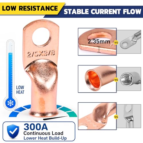 haisstronica 120PCS Battery Cable Ends Kit,60PCS AWG 0 00 000 0000 Heavy Duty Copper Wire Lugs Ring Terminals,Battery Cable Lugs Eyelets Terminal Connectors with 60PCS 3:1 Heat Shrink Tubing - color: Bare Copper, size: 120 PCS