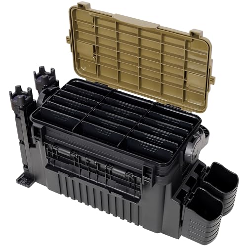 Dual-layer Fishing Tackle Box, Tackle Box Organizer Fishing Box Large, Plastic Portable Tackle Storage Box with 2pcs Rod Holder, 2pcs Cup Holder, 1pc Carring Strap - color: Army Green