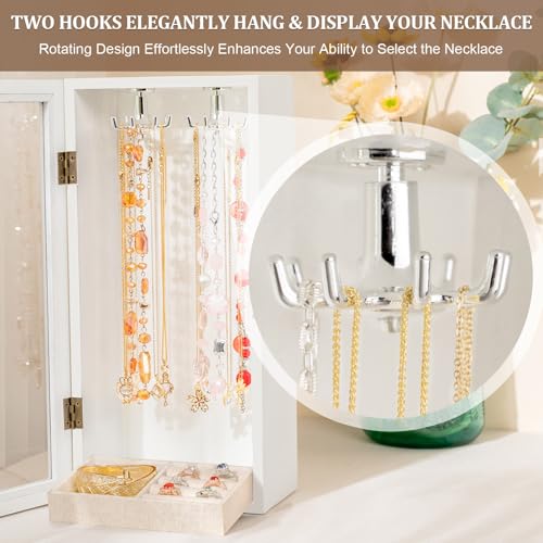 SINGLBA Necklace Holder Organizer, Wooden Jewelry Box for Women Girls, Rotatable Jewelry Organizer Case with Ring Tray Display & Storage for Necklaces Bracelets Rings Earrings, Gifts for Women Her - color: White