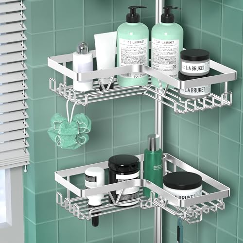 DAOYA Shower Caddy Tension Pole - Corner Shower Shelves with Soap Holder Bathroom Shower Organizer for Tub (Stainless Steel, Silver, Floor to Ceiling 25-114.2 inch) - color: Silver