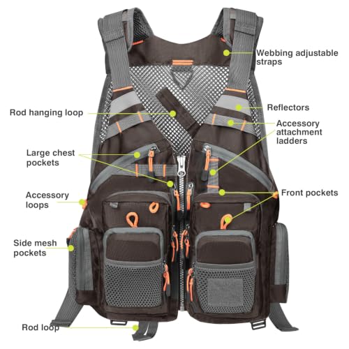 Gonex Fly Fishing Vest for Men Women, Comfortable Adjustable Fishing Vest with Multi-Pockets Reflective Stripes - color: Dark Brown