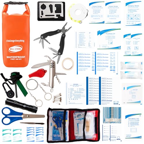Boat First Aid Kit with Survival Tools, 123pcs Waterproof Emergency Marine Kit with Buckles, Compact Boat Safety Accessories for Fishing Kayaking Boating Camping Rafting Beach Orange - color: Ws014-orange
