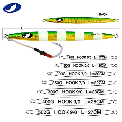 OCEAN CAT Slow Pitch Jig Flat Fall Jig Saltwater Fishing Luers Mental Vertical Jigging Baits with Hooks 5 Colors 4 Weights - color: #015:Pink, size: 10 4/7oz(300g)