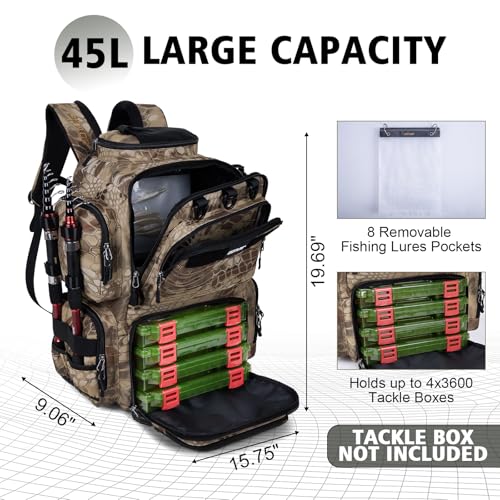 Goture Fishing Backpack,900D Water-Resistant Tackle Backpack with Rod Holders, SBS Zippers,45L Large Fishing Bag Storage Gear Tackle Bag with Rain Cover, Bottle Holder for Travel Camping Hiking - color: A1:18# Camo(Only Bag), size: Without Tackle Boxes