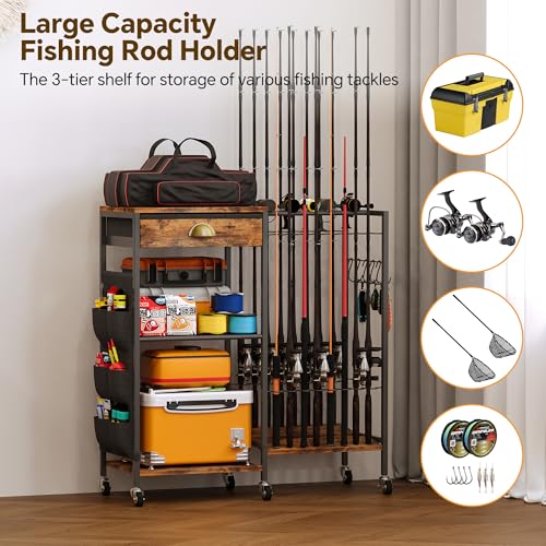Homeiju Fishing Rod Holder, Fishing Pole Holders for Garage Boat Fishing Gear Storage with Drawer and Wheels, Holds 16 fishing rods for Home Entryway Corner,Rustic Brown