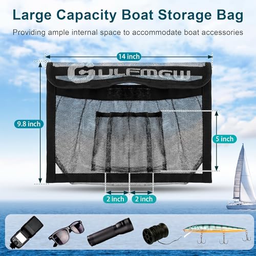 14" X 9.8" Boat Storage Bag with Secure Lid and 2 Open Pockets, Boat Storage Accessories Mesh Organizer with Strong Adhesive, Perfect for Storing Phones, Glasses, Keys and Tackle Marine Accessories