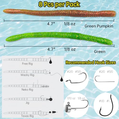 Soft Plastic Worm,Easy to Use Bass Fishing Stick Bait Lures,4.7in 8pcs - Slow Sink, Salt Impregnation, Ribbed Design, Proven Colors - Wacky Stick, Soft Fishing Lures - color: Green Pumpkin