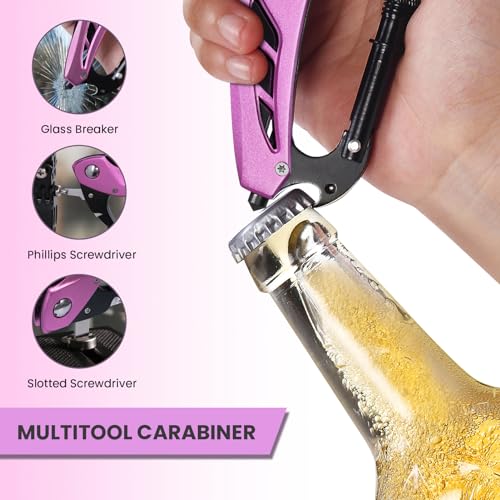 FUNBRO Pink Multitool Carabiner, Stocking Stuffers Gifts for Mom Women Wife, 6-in-1 Keychain Multi Tools with Window Breaker, Bottle Opener and Screwdriver, EDC Gear Gadget for Camping Hiking - color: Pink