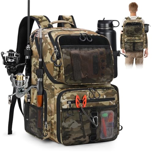 RAINSMORE 45L Fishing Backpack with Rod Holders & Rain Cover Large 900D Water-resistant Fishing Tackle Bag Store Fishing Gear - color: Khaki Camouflage