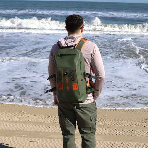 YakAttack 28L DryPak Waterproof Backpack with 2 Attachable Fishing Rod Holders – Green/Orange | Floating Marine Dry Bag Pack with Padded Straps | Lightweight Hiking & Kayaking Gear & Storage Drybag - color: Green/Orange, style: Drypak With Tether Tubes