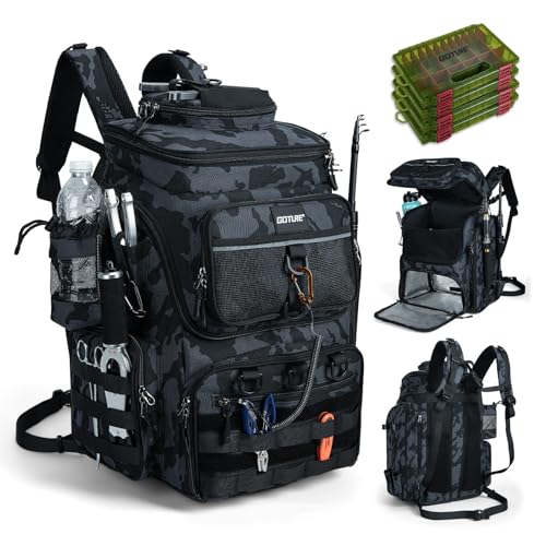 Goture Fishing Backpack with 4 Tackle Boxes, 900D Water-Resistant Tackle Backpack with Rod Holders,Insulated Cooler Compartment, 55L Large Capacity Fishing Gear Storage Bag for Saltwater & Freshwater - color: A3:camo(4 Tackle Boxes Included)