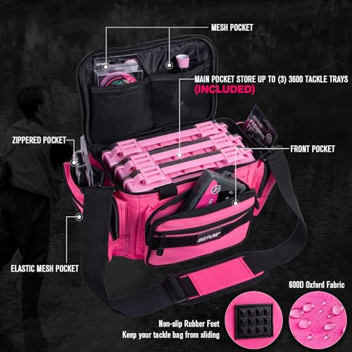 Goture Fishing Kits for Adult,Fishing Pole and Reel Combo, OpenSide Fishing Sling Tackle Storage Bag with 3 Tackle Boxes,Gift for Men - color: Pink 17L Bag + 3600 Trays +Basic Bait Set(Gift Boxed), size: 7FT/2.1M