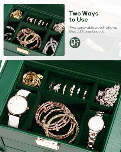 Homde Synthetic Leather Huge Jewelry Box Mirrored Watch Organizer Necklace Ring Earring Storage Lockable Gift Case (Forest Green + Gold) - color: Forest Green + Gold